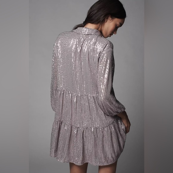 NWT! Anthro The Bettina Tiered Shirt Dress by Maeve: Mini Sequin Edition 🔎⚽️ - Picture 2 of 15
